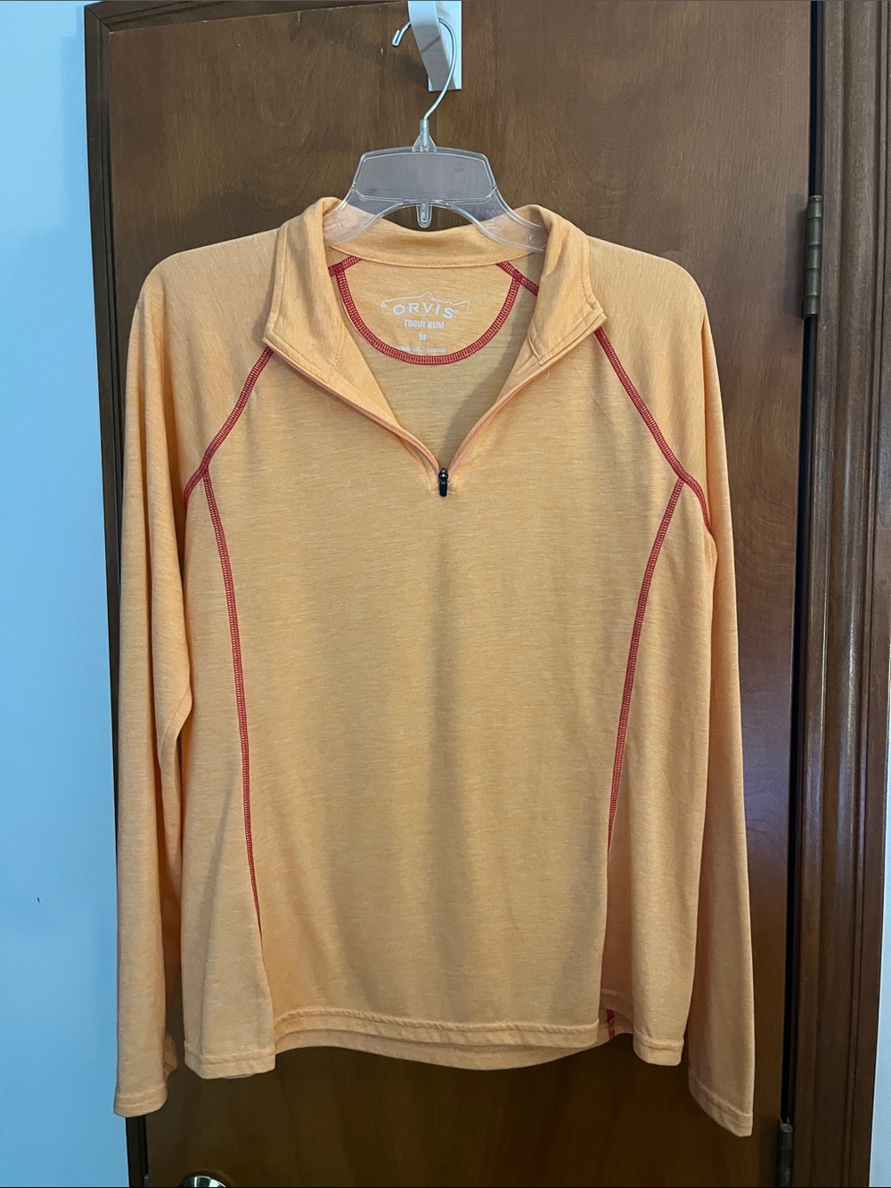 Orvis women’s Peach Zip-Up Sweater with Red Stitching